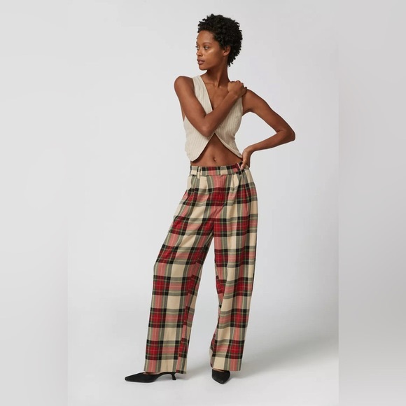 Urban Outfitters UO Grandpa Baggy Red Cream Check Plaid Trouser Pants - Picture 2 of 3